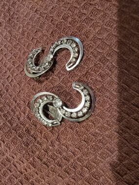 Vintage Silver Crystal Crescent Clip-On Earrings - Unbranded